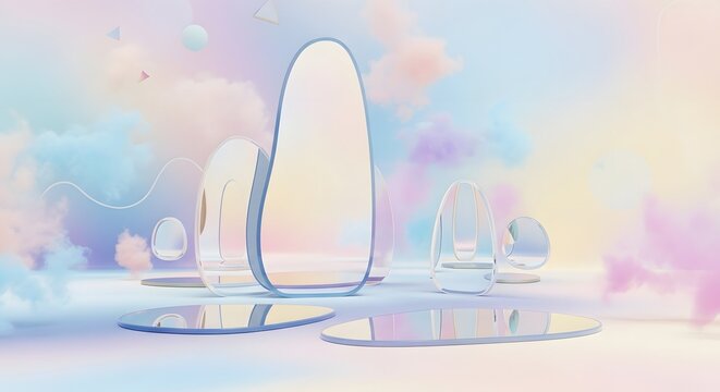 Ethereal pastel clouds with abstract glass podium elements