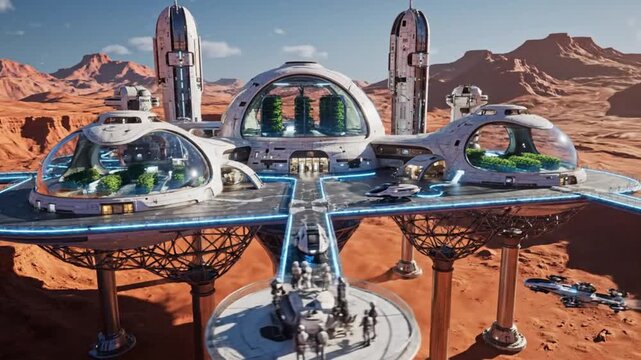 Futuristic Mars Colony Base with Domes, Laboratories, and Landing Pad on Red Planet