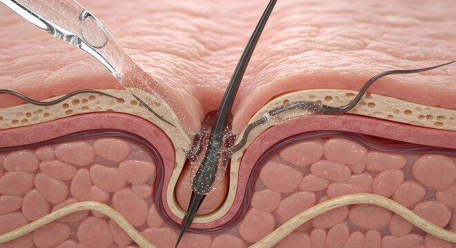 Close-up of skin layers with a syringe injecting serum or medication
