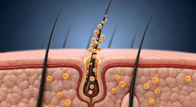 Close-up of scalp with hair follicles and DHT molecules