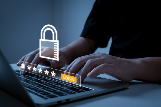 User Login. people hand login security password on laptop computer, data protection, antivirus, authentication, internet access network technology, cybersecurity and privacy technology concept