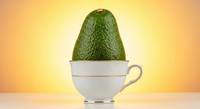 A strange and unexpected sight of an avocado fruit sprouting directly from the mouth of a delicate porcelain teacup, symbolizing bizarre growth, growth, ceramic, imagination