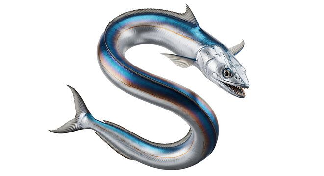 scabbardfish with iridescent blue and silver scales elegantly curled into an s shape on a white background marine life and fishing illustrations.
