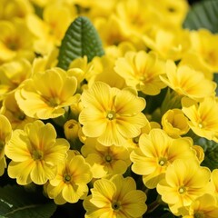 Fototapeta premium Cheerful yellow primroses creating a soft, sunny natural background texture in the warmth of early spring, spring, early spring, blooming