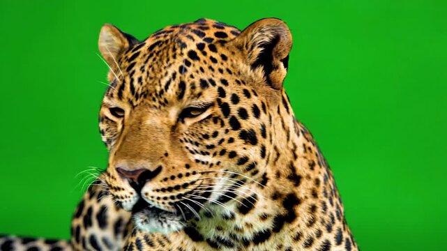 A striking portrait of a jaguar with intense golden eyes against green