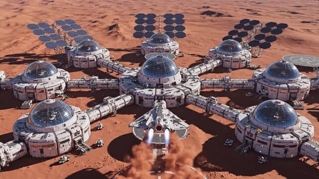 Futuristic Mars base with interconnected habitat domes, solar arrays, and a spacecraft, depicting advanced space colonization