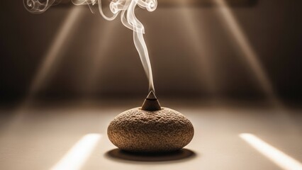 Incense cone smolders, releasing curling smoke under spotlight beams, soft-lit background