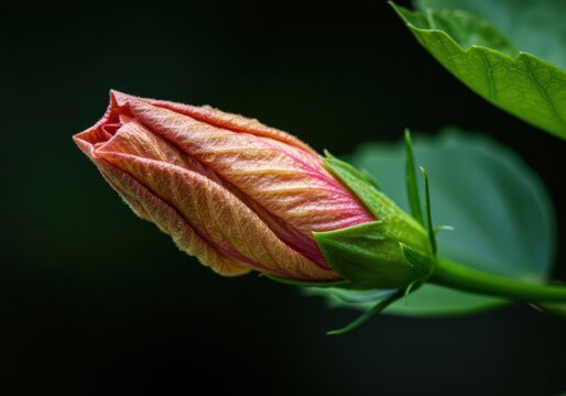 Detailed close-up view of a vibrant closed hibiscus flower bud awaiting tropical warmth and ready to burst open in full color, springtime, bloom, green