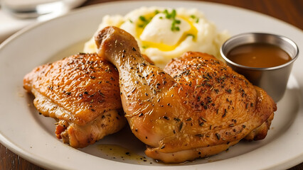 Golden roasted chicken legs and thighs served with creamy mashed potatoes and gravy on a white plate.