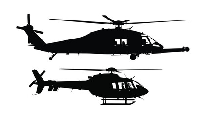 Two black silhouettes of military helicopters in flight side and bottom views © Tm Studio