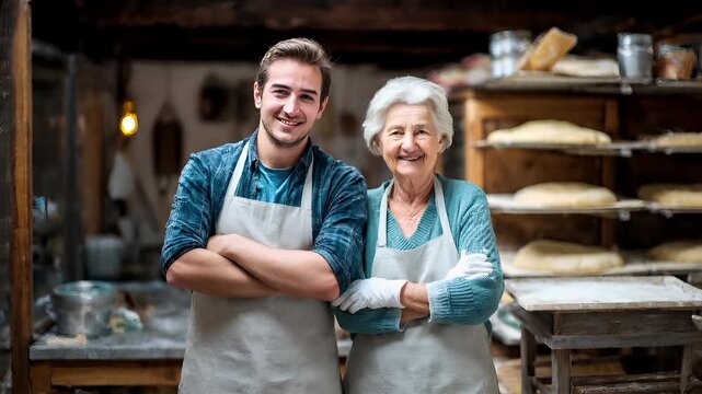 Mothers Day, Valentines Day, love holiday theme. A man and woman in aprons standing next to each other in a bakery. The man wears a blue shirt and white apron.