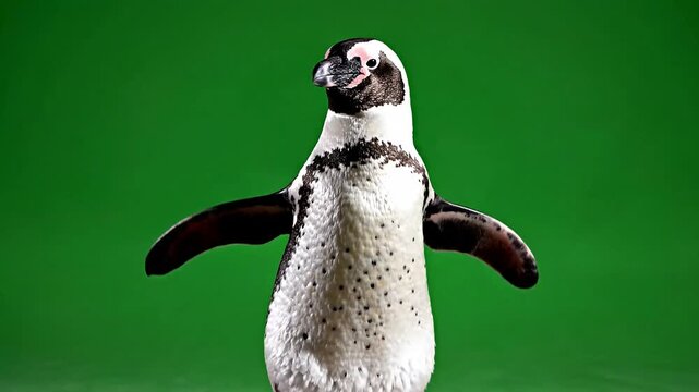 A magellanic penguin stands facing forward against a vibrant green backdrop