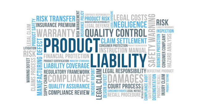 Product liability risk word cloud design, product liability insurance compliance and quality control concept