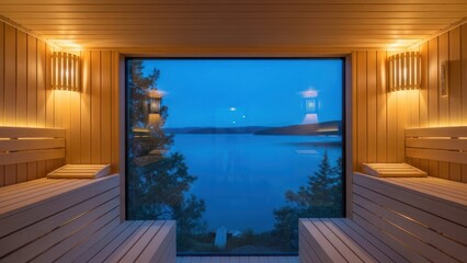 Interior of sauna with window showing calm lake view at dusk
