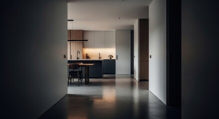 Interior shot of a modern kitchen viewed through an opening, bathed in warm lighting
