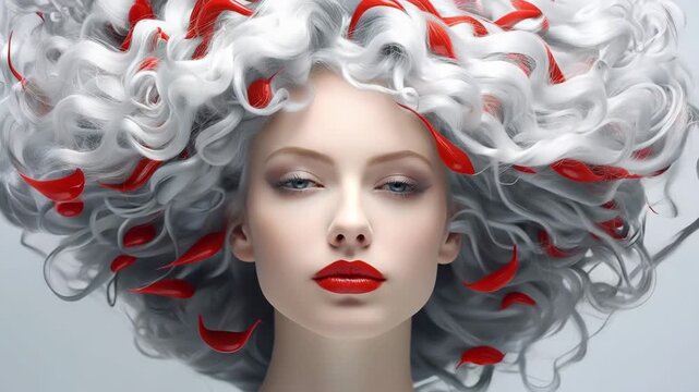 A model stands still with curly silver hair and red details in a studio. The lighting highlights her features as she poses for the camera.