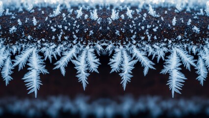 Intricate ice crystals frost a horizontal surface against a blurred, dark backdrop