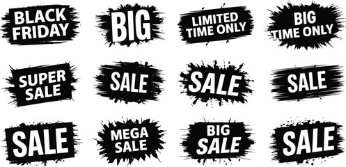 Black brushstroke sale labels, bold promotional icons, discount banner vector set, limited time offer graphics, retail marketing design, urgent deal signs