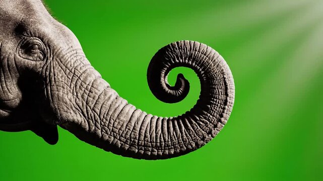 Close up of an elephant s head focusing on its curled trunk and tusk