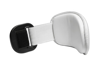 Comfortable white ear cushion with adjustable strap for headphones on white background