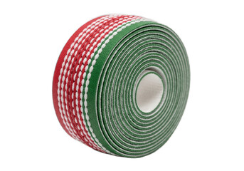 Red and white stitched grip tape roll with green edge, perfect for sports equipment.