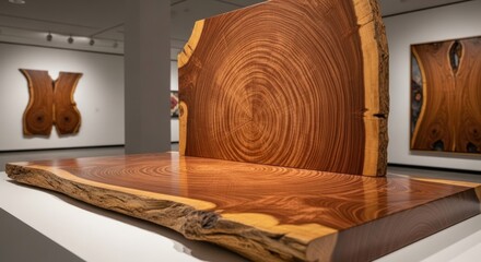 Gallery display of large, polished wood art pieces with organic shapes and visible grain