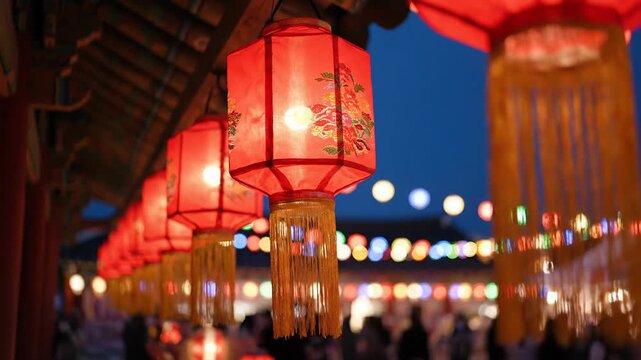 Traditional Red Lanterns Illuminate a Festive Evening Market with Colorful Bokeh Lights
