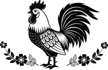 Vector, black, and, white, woodcut, style, illustration, of, a, majestic, rooster, with, detailed, feathers, and, floral, wreath, for, farm, poultry, and, rural, design © MdHarunur