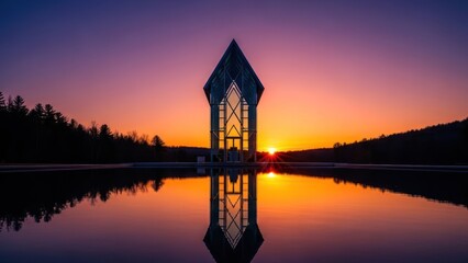 Glass chapel at sunset, perfectly mirrored in still water, against a vibrant sky