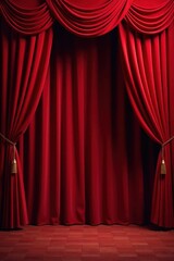 Deep crimson velvet curtain, stage-like folds , red fabric, detail, theater