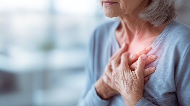 Elderly woman holding chest in pain. Heart attack symptoms in senior age. Sudden chest pain and discomfort. Cardiovascular disease warning concept. Emergency healthcare situation at home.