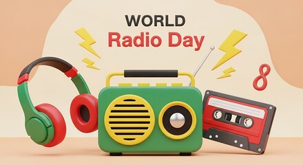 Celebrating world radio day with retro audio equipment like a green portable speaker green and red headphones and a cassette tape