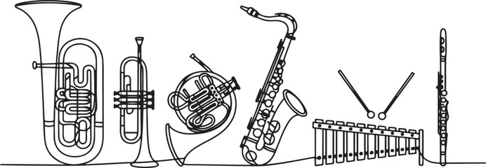 Set of wind musical instruments. Tuba, trumpet, french horn, saxophone, wooden xylophone, flute.one line victor illustration in white Background.