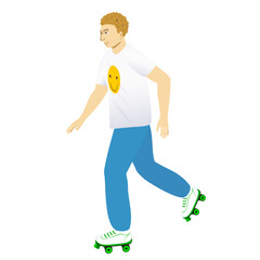 Young man roller skating isolated on white background. Roller skates
