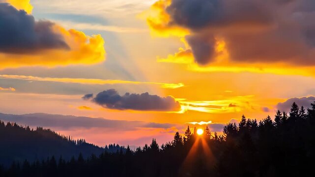 Sun sets behind mountains as clouds reflect warm colors in the sky. The view shows the changing light and shadows among the trees in the evening.