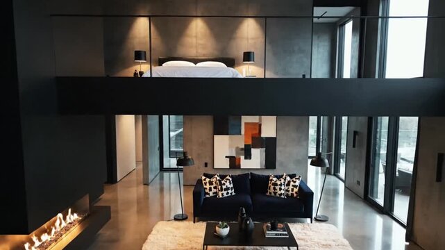 Sleek Open-Concept Contemporary Home Interior with Luxurious Mezzanine Bedroom and Modern Living Space, Featuring Elegant Concrete Architecture