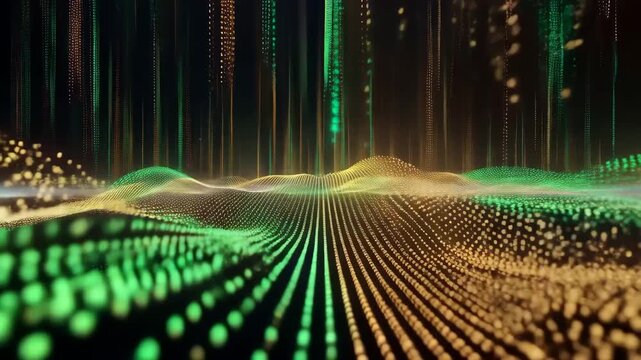 Digital wave of gold and green data points on black background with futuristic design elements and technology