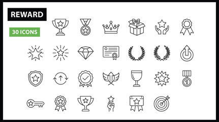 Reward and Achievement Line Icon Set Featuring Trophy Medal Crown Gift Box Certificate Diamond Star Ribbon Laurel Wreath