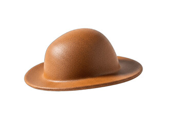 Classic brown leather hat with a rounded crown and brim, isolated on white