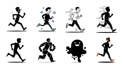 Fototapeta premium Various runners illustrations set depicting different styles of running including silhouettes stick figures abstract shapes and comic characters