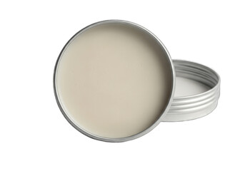 Open round metal container filled with white cream product