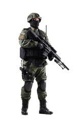 Fototapeta premium Security personnel in tactical uniform holding a firearm on white background