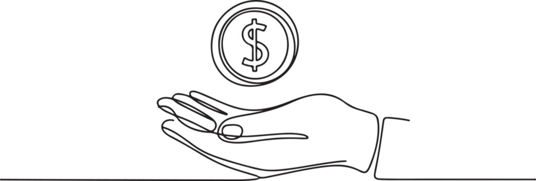 Continuous one line drawing dollar coin above hand. Budget planning concept.one line victor illustration in white Background.
