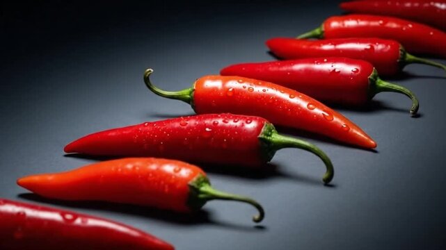 Fresh Red Chili Peppers with Water Drops on Dark Background, Spicy Food Concept
