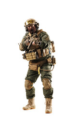Fototapeta premium Modern Military Soldier Fully Equipped in Tactical Gear on a White Background