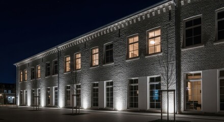 Long, lit brick building at night with lit windows and architectural lighting