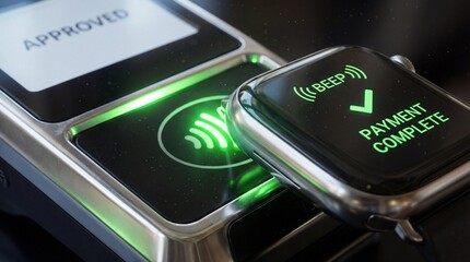 Contactless payment complete on smart watch and payment terminal screen displaying approval