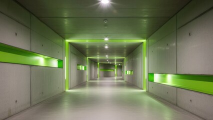 Long, modern concrete hallway with green accents, bright overhead lights, and recessed areas