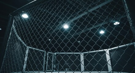 Low-angle shot of an empty, metal octagon cage lit by overhead lights. Dark blue tones