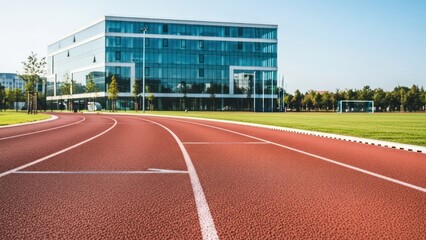 Low angle shows a red running track and a modern, glass-walled building on a sunny day
